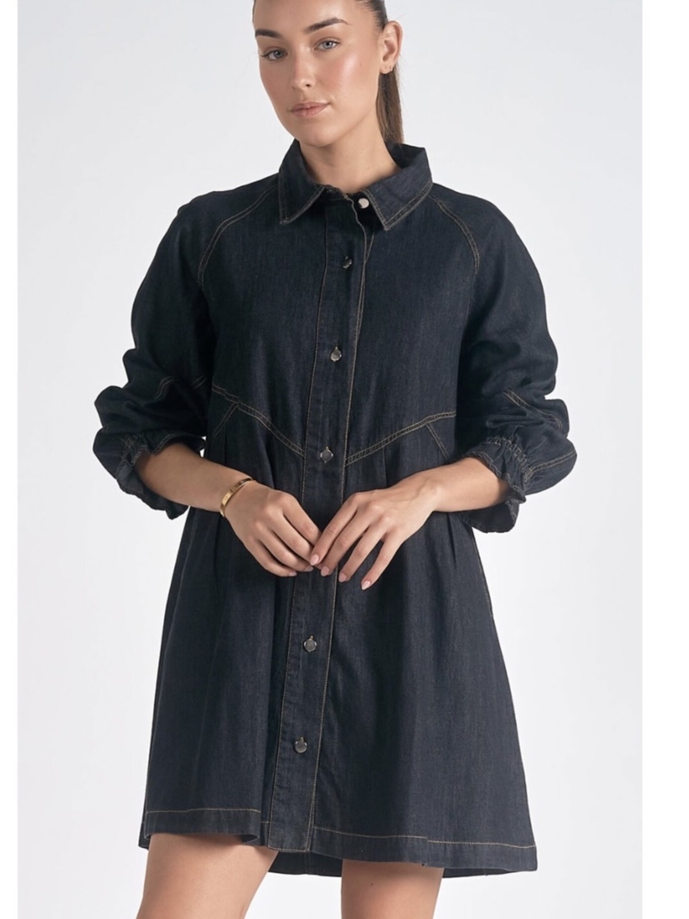 Elan black denim flouncy dress